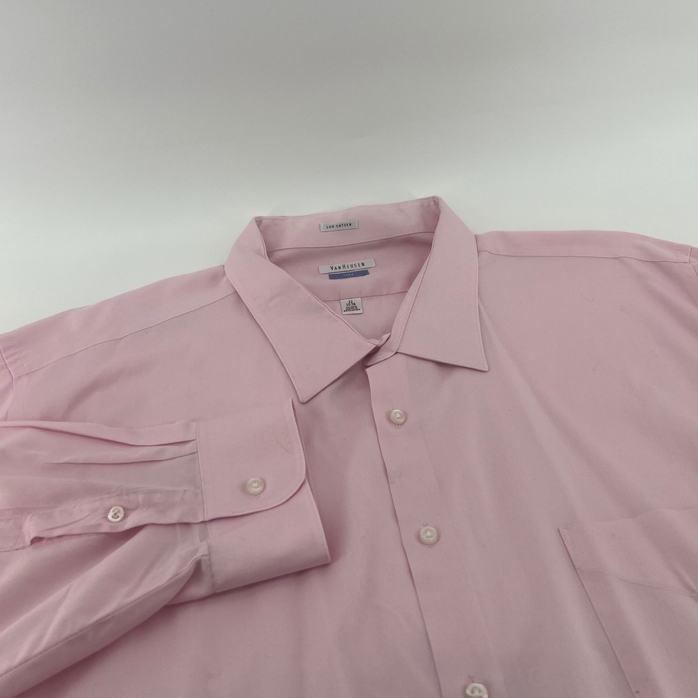 Van Heusen Lux Sateen Mens Pink No Iron Dress Shirt Tall 22 35/36 Long Sleeve